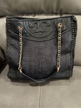 Tory Burch Black Woven Leather-Trim Chain Tote